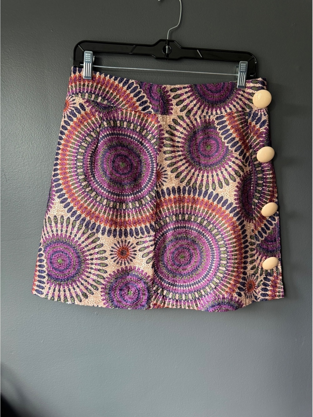 Sweet Sinammon Embroidered Mini Skirt with Side Buttons, Size M